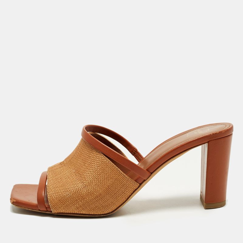Malone Souliers Demi Size 37.5 Brown Leather And Raffia Slide Sandals